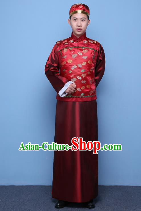 Traditional Ancient Chinese Qing Dynasty Prince Costume, China Manchu Nobility Childe Red Mandarin Jacket Clothing for Men