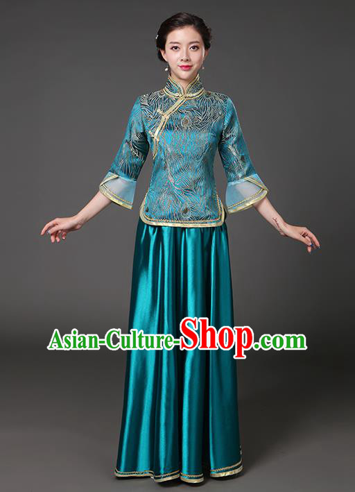 Traditional Chinese Republic of China Nobility Lady Clothing, China National Peacock Blue Cheongsam Blouse and Skirt for Women