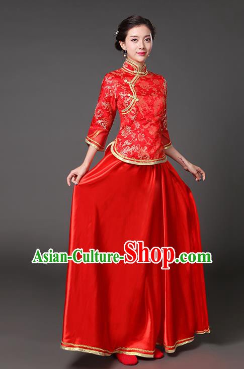 Traditional Chinese Republic of China Nobility Lady Clothing, China National Red Cheongsam Blouse and Skirt for Women