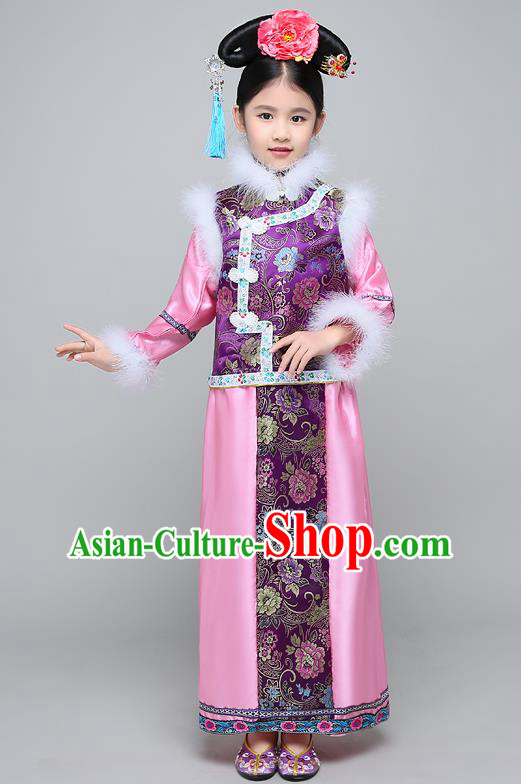 Traditional Ancient Chinese Qing Dynasty Manchu Lady Purple Costume, Chinese Mandarin Princess Embroidered Clothing for Kids