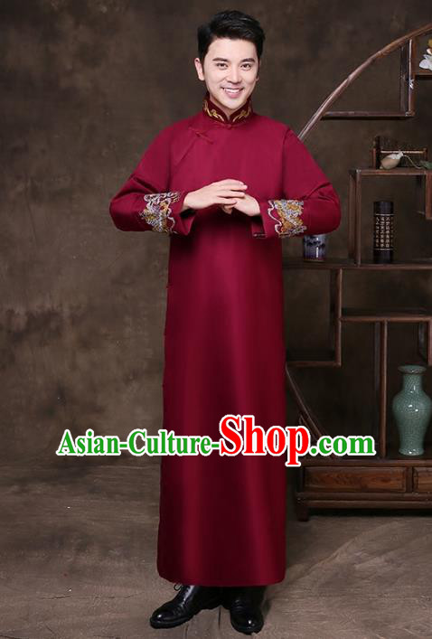Traditional Chinese Republic of China Wedding Costume Red Long Gown, China National Comic Dialogue Embroidered Clothing for Men