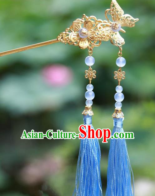 Traditional Chinese Handmade Hair Accessories Hairpins Hanfu Blue Tassel Step Shake for Kids