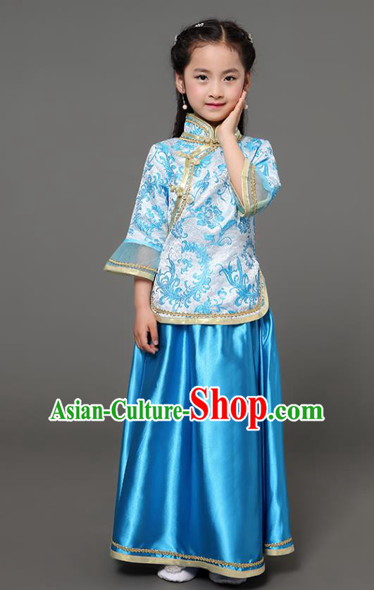 Traditional Chinese Republic of China Children Xiuhe Suit Clothing, China National Embroidered Blue Cheongsam Blouse and Skirt for Kids