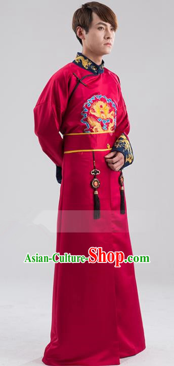 Traditional Ancient Chinese Qing Dynasty Prince Costume, China Manchu Nobility Childe Red Embroidered Robe Clothing for Men