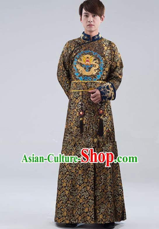 Traditional Ancient Chinese Qing Dynasty Prince Costume, China Manchu Nobility Childe Black Embroidered Robe Clothing for Men