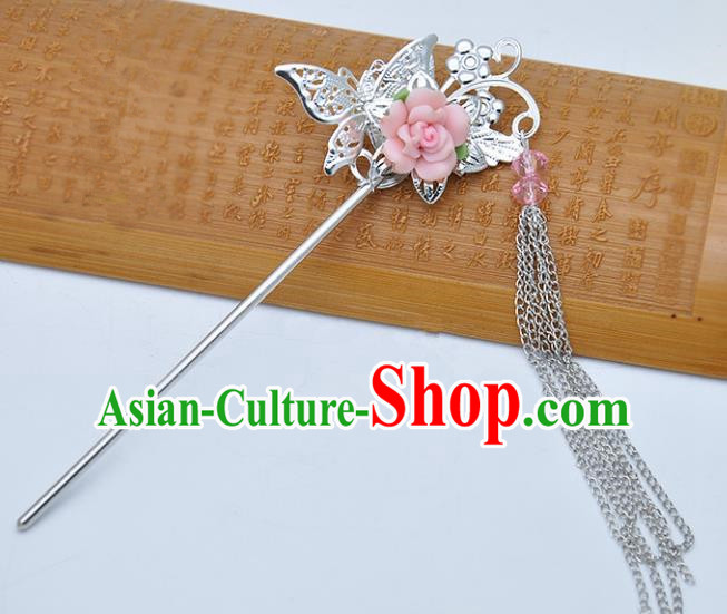 Traditional Chinese Handmade Hair Accessories Princess Hairpins Hanfu Pink Flower Tassel Step Shake for Kids