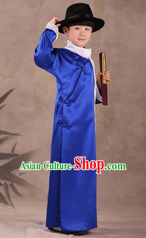 Traditional Chinese Republic of China Costume Children Blue Long Gown, China National Comic Dialogue Clothing for Kids
