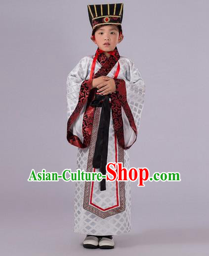 Traditional Chinese Han Dynasty Prime Minister White Costume, China Ancient Chancellor Hanfu Clothing for Kids