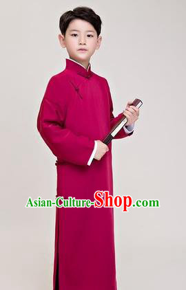 Traditional Chinese Republic of China Costume Wine Red Long Robe, China National Comic Dialogue Clothing for Kids