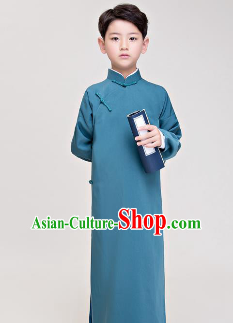 Traditional Chinese Republic of China Costume Blue Long Robe, China National Comic Dialogue Clothing for Kids