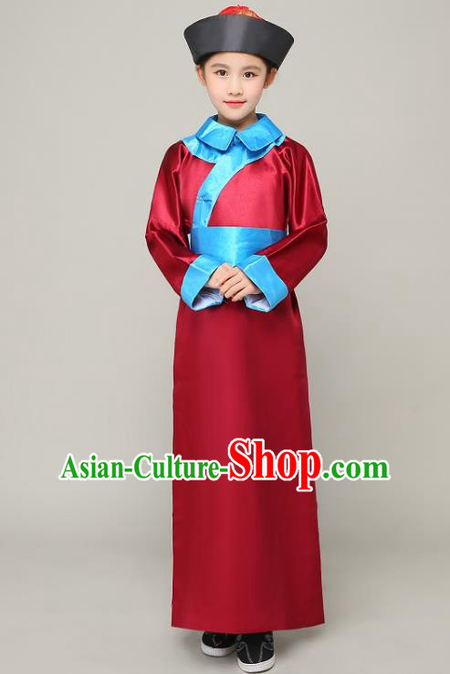 Traditional Chinese Qing Dynasty Court Eunuch Costume, China Manchu Imperial Bodyguard Red Mandarin Robe for Kids