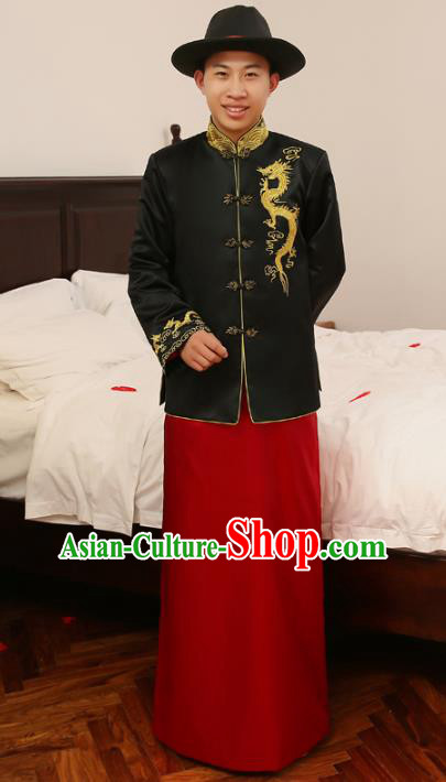 Ancient Chinese Qing Dynasty Wedding Costume China Traditional Bridegroom Embroidered Black Toast Clothing for Men