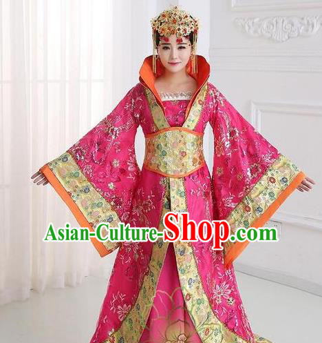 Traditional Chinese Tang Dynasty Imperial Concubine Rosy Costume, China Ancient Palace Lady Hanfu Embroidered Trailing Dress for Women
