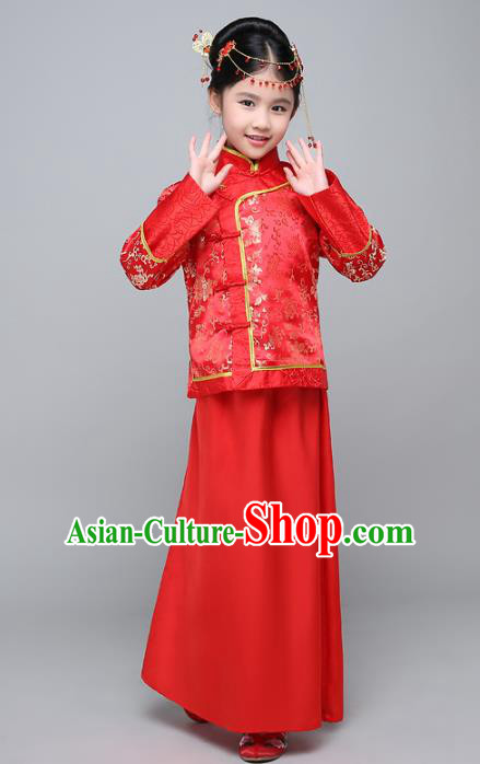 Traditional Ancient Chinese Qing Dynasty Children Princess Costume, China Manchu Bride Embroidered Clothing for Kids