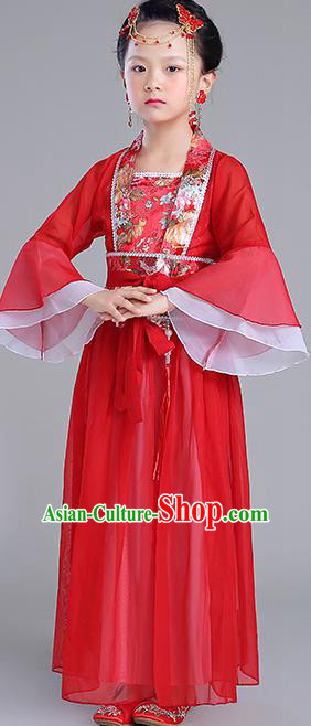 Traditional Chinese Tang Dynasty Princess Costume, China Ancient Fairy Embroidered Red Dress Clothing for Kids