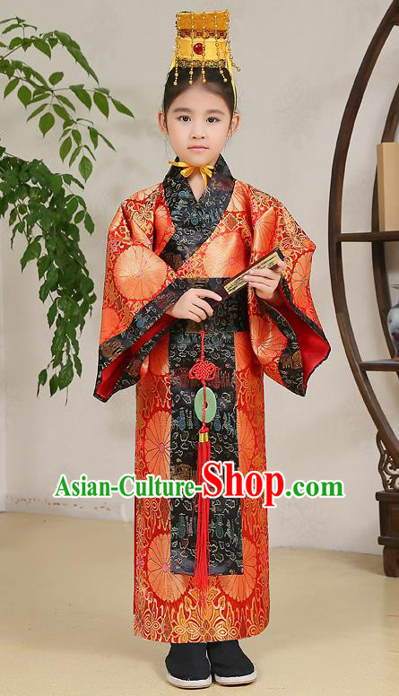 Traditional Chinese Han Dynasty Children Emperor Costume, China Ancient Majesty Hanfu Embroidered Robe for Kids