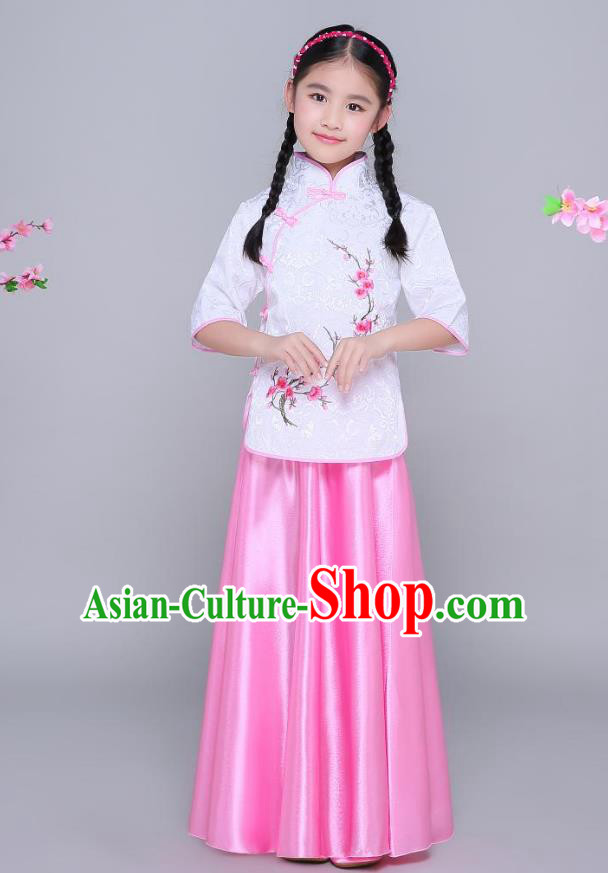 Traditional Chinese Republic of China Children Clothing, China National Embroidered Wintersweet White Blouse and Skirt for Kids