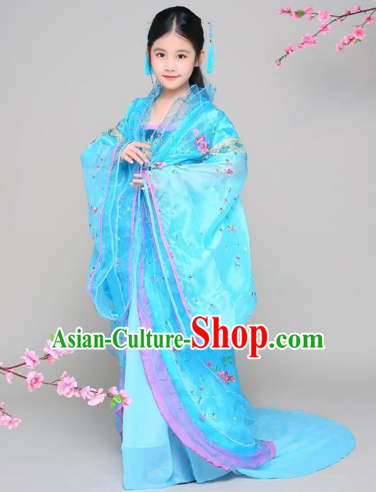 Traditional Chinese Tang Dynasty Children Imperial Concubine Blue Costume, China Ancient Palace Lady Hanfu Embroidered Clothing for Kids