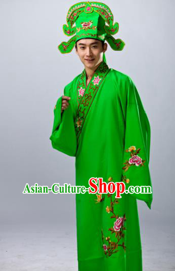 Traditional China Beijing Opera Costume Gifted Scholar Green Embroidered Robe, Chinese Peking Opera Niche Embroidery Clothing