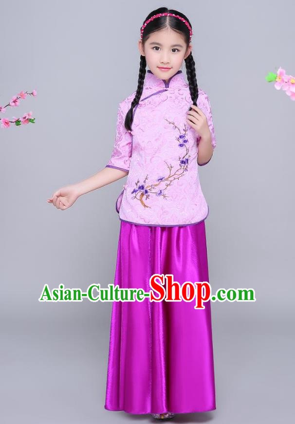 Traditional Chinese Republic of China Children Clothing, China National Embroidered Wintersweet Purple Blouse and Skirt for Kids