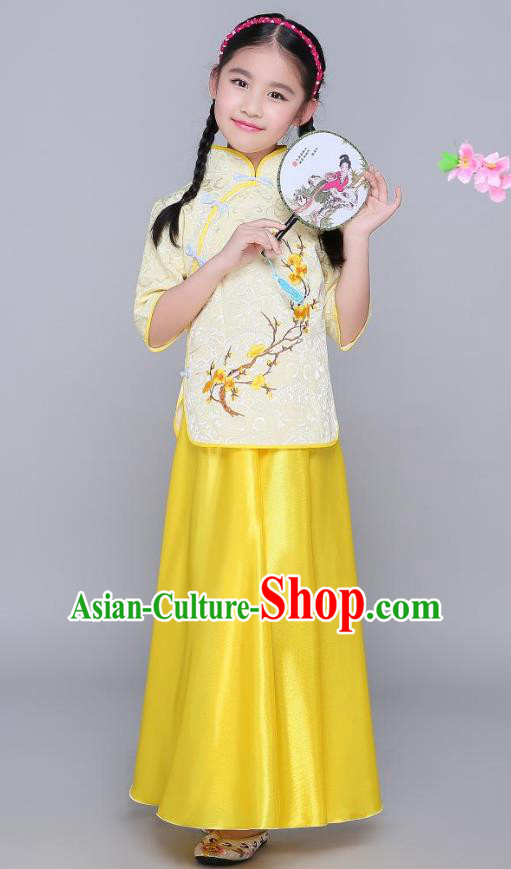 Traditional Chinese Republic of China Children Clothing, China National Embroidered Wintersweet Yellow Blouse and Skirt for Kids