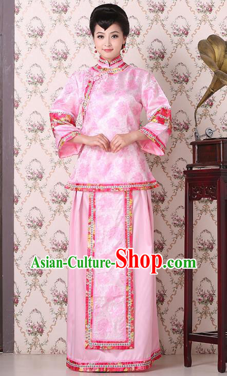 Traditional China Qing Dynasty Nobility Dowager Costume, Chinese Ancient Gentlewoman Embroidery Pink Xiuhe Suit Clothing