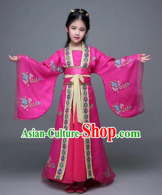 Traditional Chinese Tang Dynasty Palace Lady Embroidered Costume, China Ancient Imperial Concubine Hanfu Trailing Dress for Kids