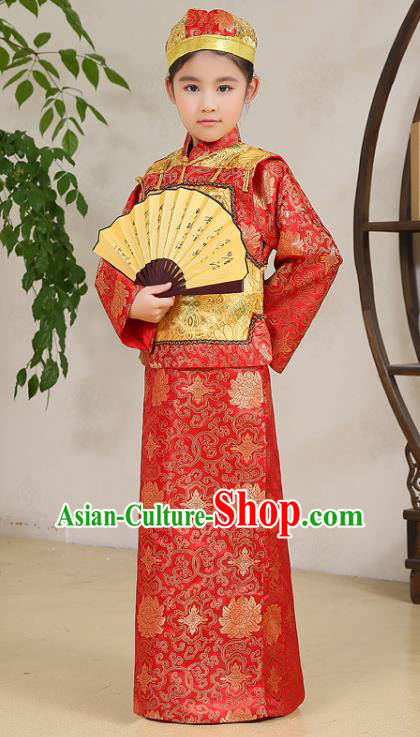 Traditional Chinese Qing Dynasty Nobility Childe Costume Yellow Mandarin Jacket, China Manchu Prince Embroidered Clothing for Kids