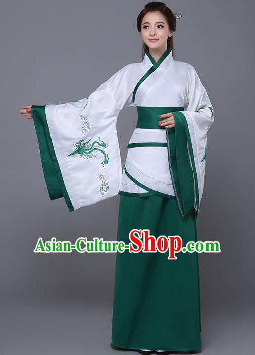Traditional Chinese Han Dynasty Palace Lady Costume, China Ancient Princess Embroidered Hanfu Green Curving-front Robe for Women