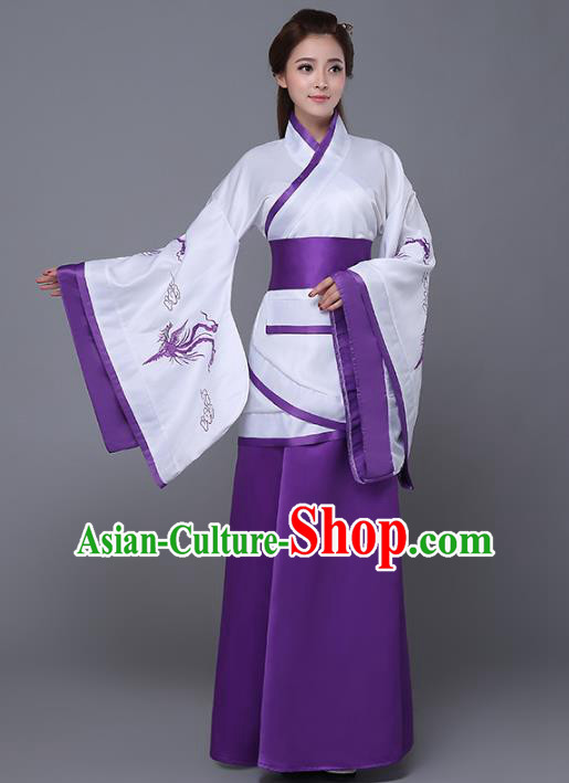 Traditional Chinese Han Dynasty Palace Lady Costume, China Ancient Princess Embroidered Hanfu Purple Curving-front Robe for Women