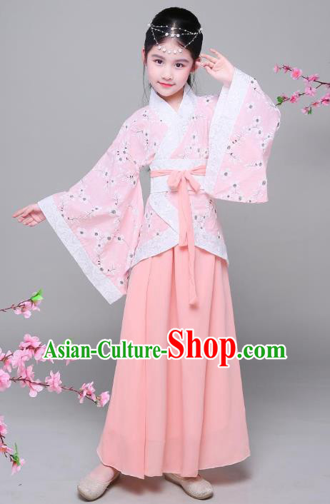 Traditional Chinese Han Dynasty Children Costume, China Ancient Princess Hanfu Pink Curving-front Robe for Kids