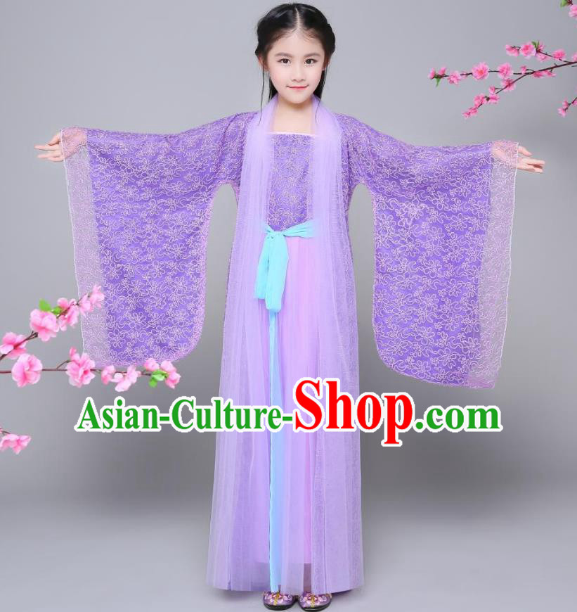 Traditional Chinese Tang Dynasty Palace Princess Costume, China Ancient Fairy Hanfu Embroidered Purple Dress for Kids