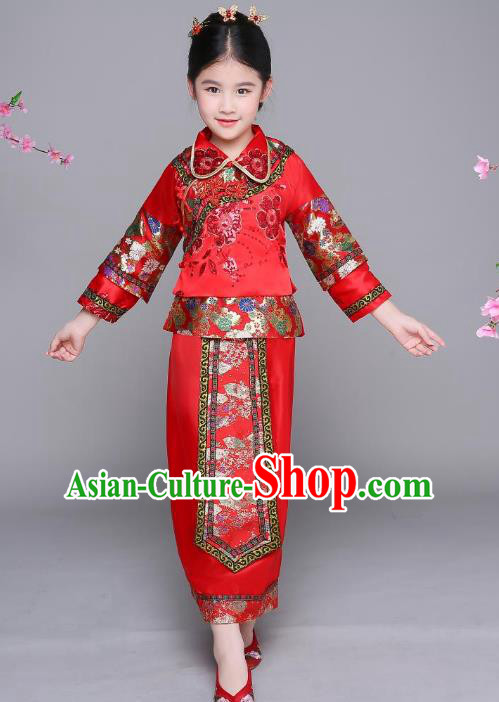 Traditional Chinese Qing Dynasty Palace Princess Costume, China Ancient Manchu Xiuhe Suit Embroidered Clothing for Kids