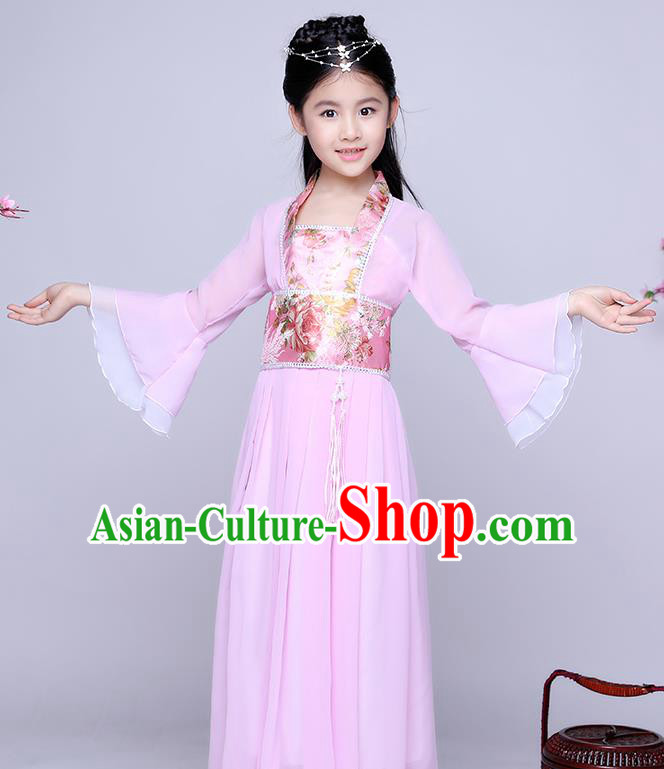 Traditional Chinese Tang Dynasty Seven Fairy Costume Ancient Princess Pink Dress Clothing for Kids