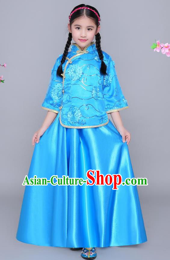 Traditional Chinese Republic of China Nobility Lady Clothing, China National Embroidered Blue Blouse and Skirt for Kids