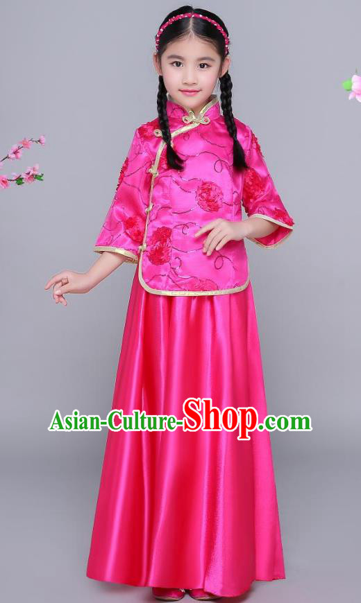 Traditional Chinese Republic of China Nobility Lady Clothing, China National Embroidered Rosy Blouse and Skirt for Kids
