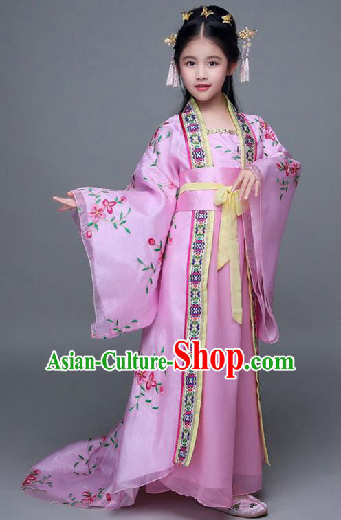 Traditional Chinese Ancient Imperial Consort Pink Costume, China Tang Dynasty Palace Princess Hanfu Embroidered Clothing for Kids
