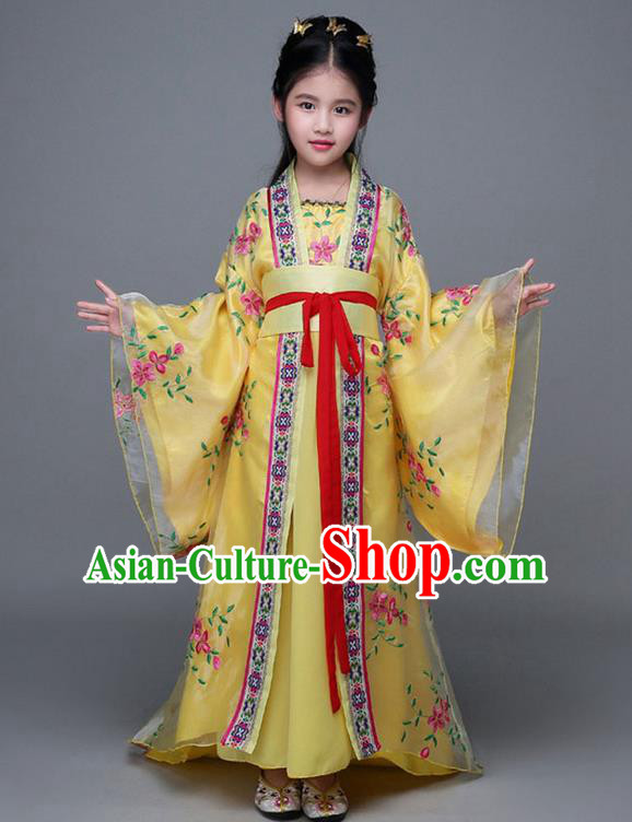 Traditional Chinese Ancient Imperial Consort Yellow Costume, China Tang Dynasty Palace Princess Hanfu Embroidered Clothing for Kids