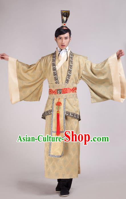 Traditional Chinese Han Dynasty Minister Yellow Costume, China Ancient Chancellor Hanfu Clothing for Men