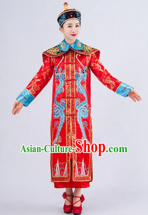 Traditional Ancient Chinese Qing Dynasty Empress Costume, China Manchu Palace Queen Embroidered Red Clothing for Women