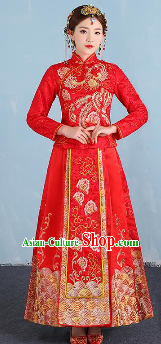 Ancient Chinese Wedding Costume Xiuhe Suits Traditional Embroidered Phoenix Peony Flown Bride Toast Cheongsam for Women