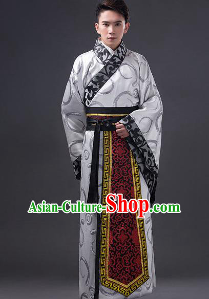 Traditional Chinese Han Dynasty Minister Costume, China Ancient Chancellor Hanfu Grey Embroidered Robe Clothing for Men
