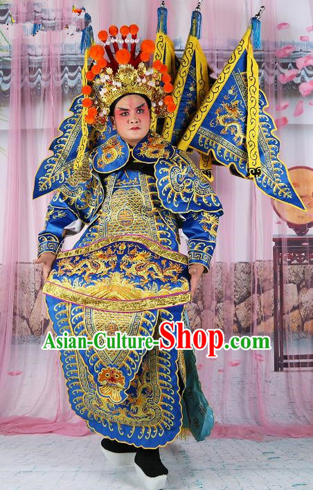 Chinese Beijing Opera General Costume Blue Embroidered Armour, China Peking Opera Military Officer Embroidery Gwanbok Clothing