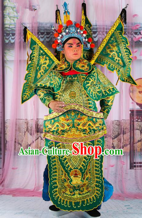Chinese Beijing Opera General Costume Green Embroidered Armour, China Peking Opera Military Officer Embroidery Gwanbok Clothing