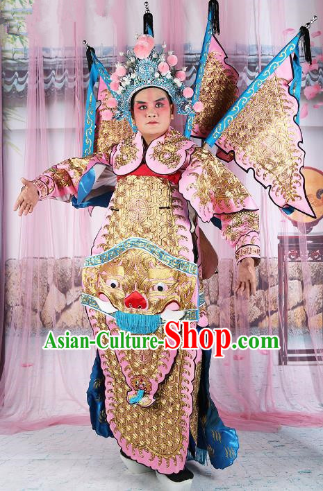 Chinese Beijing Opera General Costume Pink Embroidered Armour, China Peking Opera Military Officer Embroidery Gwanbok Clothing