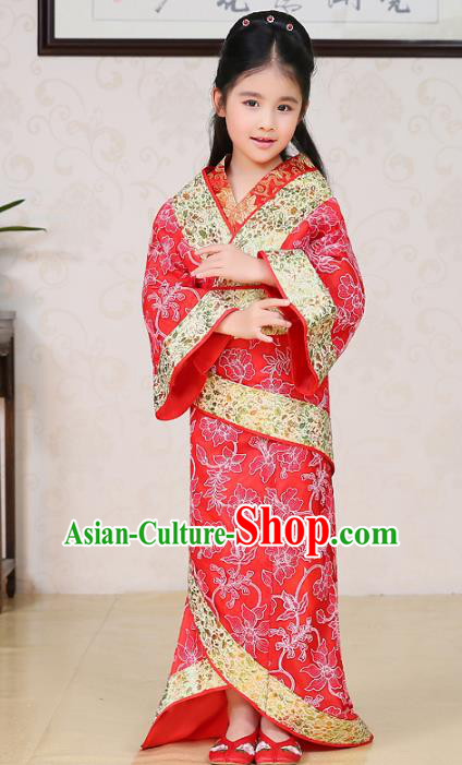 Traditional Chinese Han Dynasty Palace Lady Costume Red Curving-front Robe, China Ancient Princess Hanfu Clothing for Kids