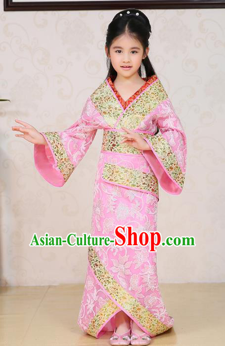 Traditional Chinese Han Dynasty Palace Lady Costume Pink Curving-front Robe, China Ancient Princess Hanfu Clothing for Kids