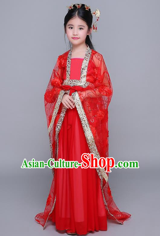 Traditional Chinese Tang Dynasty Fairy Palace Lady Costume, China Ancient Princess Hanfu Red Dress Clothing for Kids