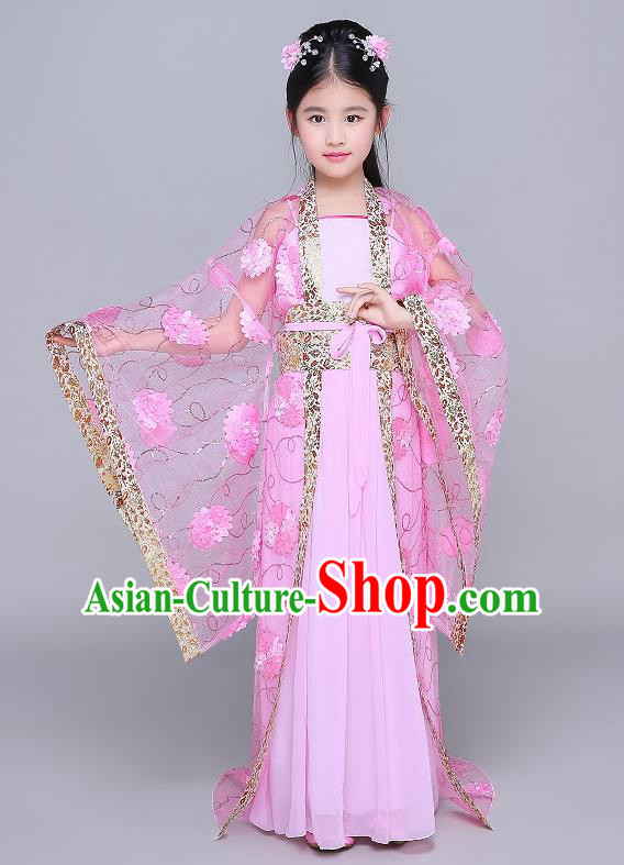Traditional Chinese Tang Dynasty Fairy Palace Lady Costume, China Ancient Princess Hanfu Pink Dress Clothing for Kids