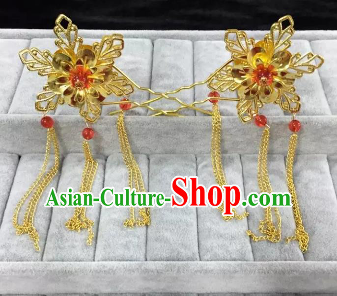 Traditional Handmade Chinese Classical Hair Accessories Golden Flowers Hairpins for Women